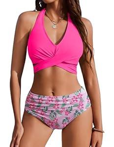 AI'MAGE Womens High Waisted Bikini Sets Tummy Control Bathing Suits Halter Two Piece Swimsuit Modest Bikini 2025 Pink Floral L