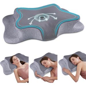 CHxxy Cervical Neck Pillow for Pain Relief Sleeping, Memory Foam Pillows, Ergonomic Side Sleeper Pillows, Cooling Orthopedic Neck Support Pillow for Back Stomach Sleepers-Queen Size Grey&Grey