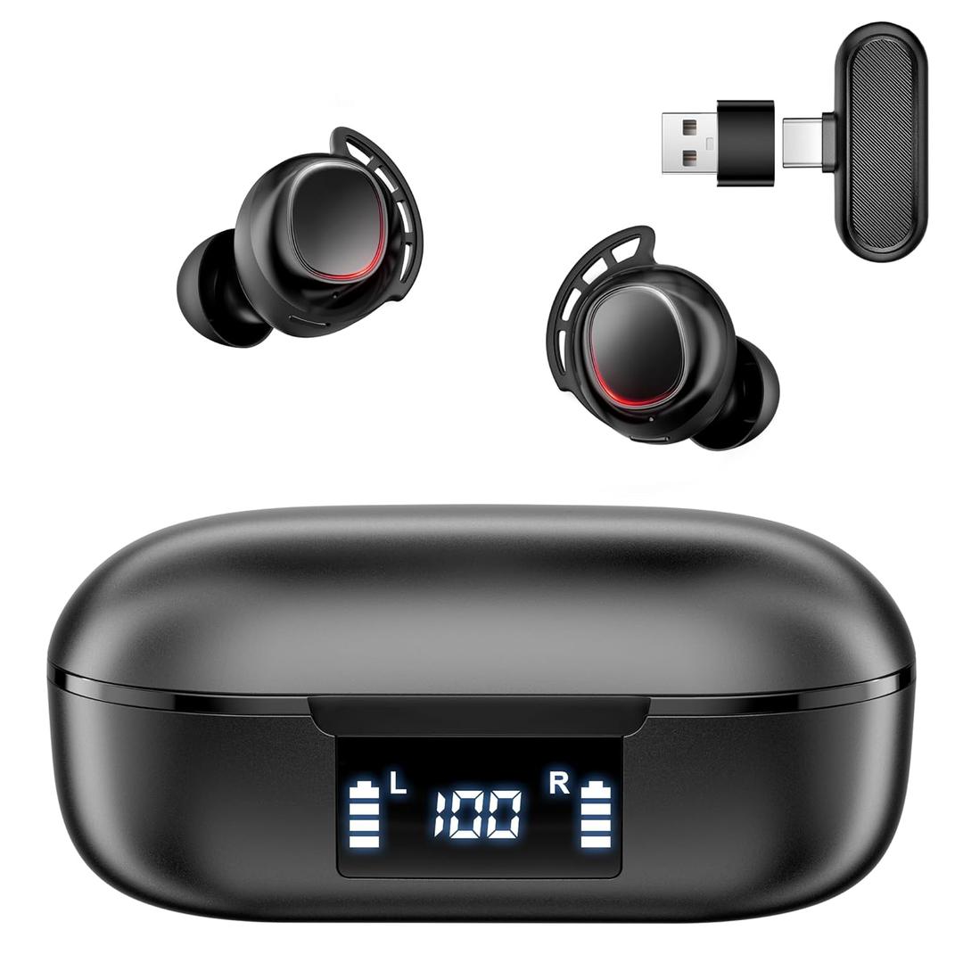 IAMJOY Wireless Gaming Earbuds, 20ms Low Latency, Game Earbuds with Mic, 2.4GHz & Bluetooth, Compact LED Display Wireless Earbuds Compatible with Meta Quest 3/2, PS5/4, Steam Deck, VR, Switch, PC