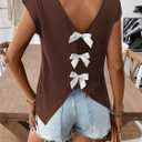 RoseSeek Women's V Neck Bow Backless Tops Cap Sleeve Elegant Casual Tshirt (Brown, XS)