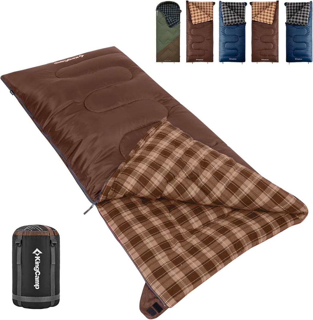 KingCamp Sleeping Bag for Adults, 100% Flannel XL Big and Tall | Cold Weather Warm Sleeping Bags with Compression Sack Portable Waterproof Gear Accessories for Outdoor Camping, 75" x 33" | 5°~39°F COFFEE, Left Zip
