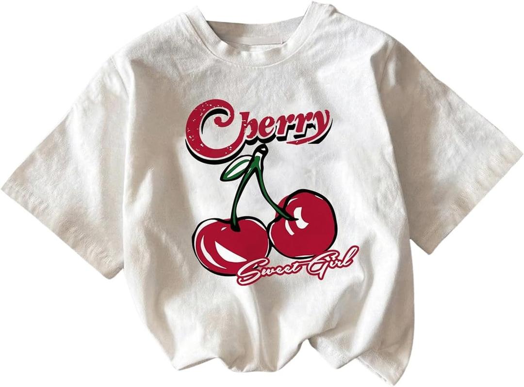 Women's Cherry Print Tee Shirt Short Sleeve Crew Neck Drop Shoulder Vintage Tee Tops (White, XS)