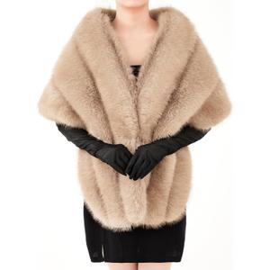 Zhanmai 2 Pcs Winter Faux Fur Long Shawl Cloak Stretchy Satin Glove Opera Bridal Dance Gloves for Women Dress Party Coat(Standard, Stylish, Light Beige)