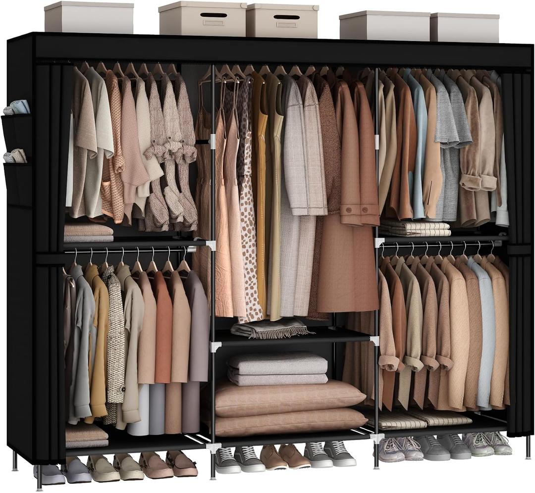 MOGELAFOO 83" Closet Wardrobe, Portable Closet for Bedroom, Freestanding Clothes Rack with Non-Woven Fabric Cover, 5 Hanging Rods, 6 Storage Shelves, Clothes Storage Organizer, Black