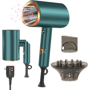 Professional Ionic Hair Dryer Blow Dryer with Diffuser and Concentrator for Curly Hair, Foldable Handle Travel Hair Dryer,Constant Temperature Hair Care (Vintage Green)
