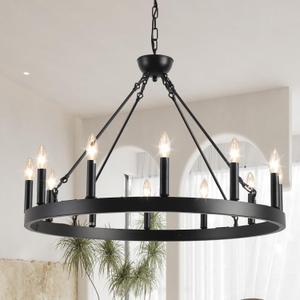 Wagon Wheel Chandelier 32" 12-Light, Round Black Chandeliers Farmhouse Modern Wagon Wheel Light Fixtures, for High Ceiling Dining Living Room, Foyer, Entryway