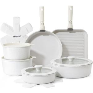 SENSARTE 17 Piece Pots and Pans Set, Nonstick Detachable Handle Cookware Set, Induction Kitchen Cookware Set with Removable Handle, Healthy Non Stick for RV, Dishwasher Oven Safe, PFOA Free (White)