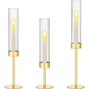 Ninonly Hurricane Candle Holders Set of 3, Tall Brass Candlestick Holders Metal Glass Candle Stands for Wedding Christmas Party Home Table Centerpiece Decorations