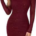 Rooscier Women's Mesh Sparkly Long Sleeve Mini Dress Sexy Bodycon Ruched Club Short Dresses (Red, M)