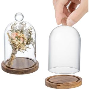 MyGift Mini Clear Glass Bell Display Cloches with Premium Acacia Solid Wood Base, Decorative Dome Cover Stands for Small Heirloom Jewelry Curios Keepsakes, Set of 2