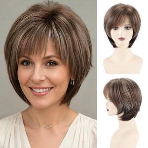 SEVENCOLORS Short Mixed Brown Wigs for White Women Natural Layered Short Wigs with Bangs Synthetic Hair Wig with Blonde Highlights