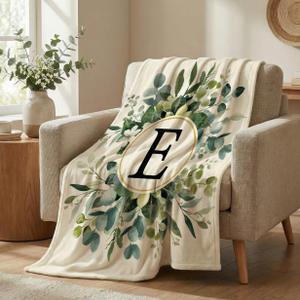 Horaldaily Initial E Flannel Blanket Throw, Letter Theme Eucalyptus Floral Soft Fuzzy Plush Cozy Fleece Blankets for Couch Sofa Bed Lounging, Ideal Gifts for Kids Adults Self, 50x60