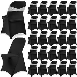 Preboun 50 Pack Folding Chair Cover Set with 25 Spandex Chair Slipcovers 25 Sequin Chair Sashes Bow Washable Chair Protector Chair Cover for Party Wedding Banquet Event (Black, Silver)