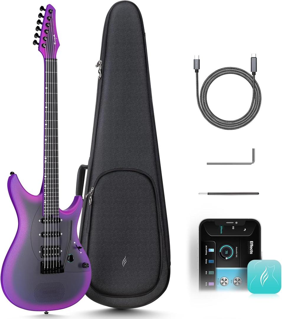 Enya Electric Guitar Inspire 39" Smart Electric Carbon Fiber Guitarra with 15W Wireless Speaker, 20 Distinct Tones, Onboard Presets, Charging Cable, Adjusting Wrench, and Gig Bag (Purple)
