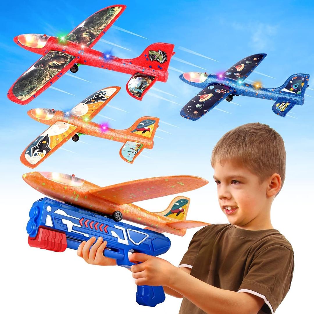 3 Pack Foam Airplane Launcher Toy with 3 DIY Stickers, 12.6" Glider Led Plane, Catapult Plane Boy Toys, Outdoor Sport Flying Toys for Kids Birthday Gifts for 4 5 6 7 8 9 10 11 12 Year Old Boys Girls (Red & orange & blue)