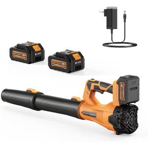 Leaf Blower Cordless, 650 CFM/170 MPH, 6-Speed Levels with 2 X 4.0Ah Battery, Handheld Leaf Blower, Electric Blowers for Lawn Care, Garden, Yard (Yellow & 2 Battery) (orange)