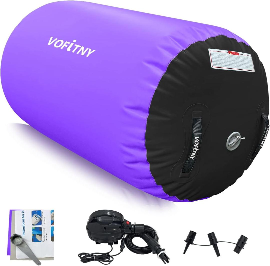 VOFiTNY Inflatable Gymnastics Air mat Tumbling Track with Air Barrel Octagon Mat with Pump for Home/Gym (4'L x 2.5'D, Black/Purple)