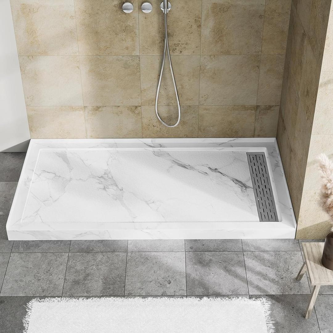 MORVANO 60 x 32 Shower Base with Single Threshold Rectangular Right Drain Location Shower Base,Shower Pan With Stainless Steel Cover,Marble White Acrylic Shower Base