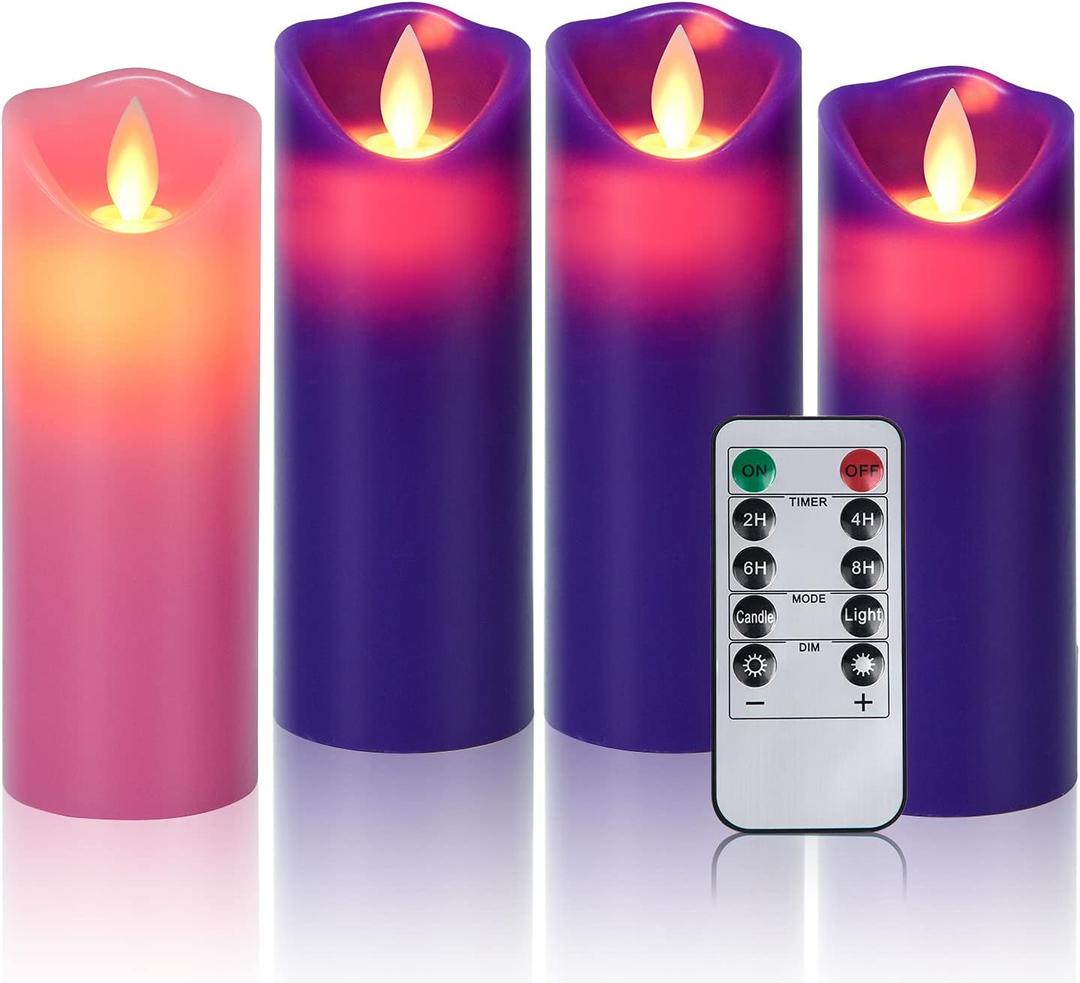 Christmas Products 3 Purple and 1 Pink Battery Operated Flameless Advent Candles with Remote Control and Timer