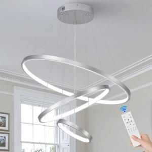 3 Ring Modern LED Chandelier Silver Dimmable Round Chandeliers, LED Circular Pendant Light Fixture with Remote Control for Living Room, Dining Room, Office, Entry, Bedroom