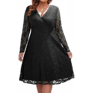 Women Plus Size Wedding Guest Dresses Cocktail Black Wrap Lace Fall Formal Long Sleeve Knee Length Evening Party Dress 18W