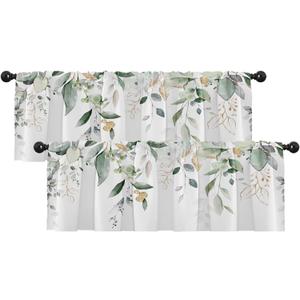 Emvency 2 Pack Valances Window Treatments Green Eucalyptus Leaves Summer Blackout Drapes Adjustable Curtain Valances for Windows Living Room Kitchen Over Sink 12x52 Rod Pocket
