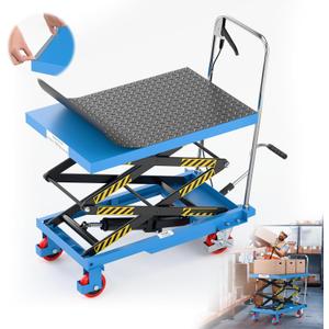 Hydraulic Lift Table Cart, Double Scissor Lift, 330 Lbs Capacity, 50" Height with Non-Slip Pad, 4 Safety Bumper PU Wheels, Ideal for Home, Garage, Supermarket, Factory, Warehouse, Construction