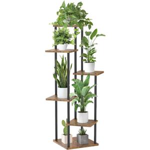 6 Tier Tall Plant Stand Indoor Outdoor, Large Wood Metal Planter Shelf Holder for Narrow Corner, Sturdy Vertical Multiple Flower Orchid Pot Decorative Rack for House Living Room Bedroom Office, Rustic Black