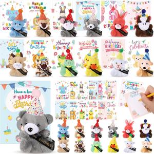 Birthday Mini Plush Toy with Hats, Party Decor Stuffed Animal Bulk for Student Classroom Reward Gifts Goodie Bag Stuffers (48 Pcs, Plush Animal with Card)