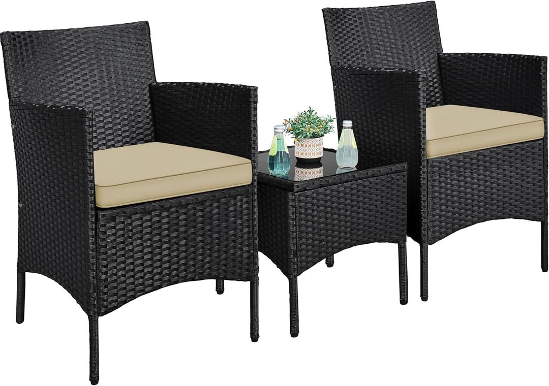 Yaheetech 3 Pieces Patio Conversation Set, Outdoor Rattan Bistro Furniture, 2 Chairs with Cushions & 1 Side Table for Bistro/Porch/Garden/Deck/Courtyard, Black/Khaki