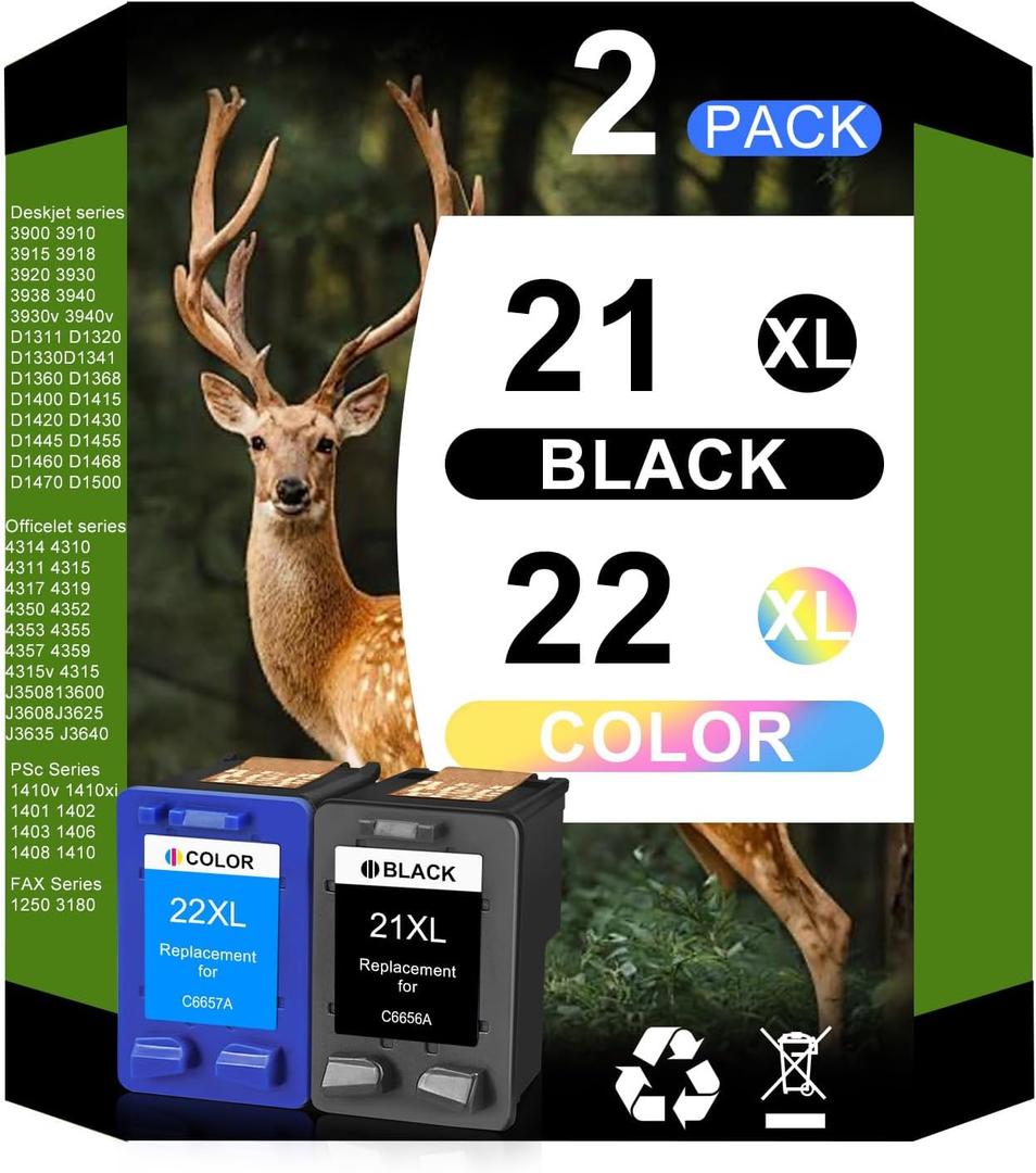 Remanufactured 21 22 Ink Cartridge Replacement for HP 21 XL 22 XL 21XL 22XL Combo Pack Used with HP OfficeJet 5610 4315 J3680 DeskJet F2210 F4180 F300 F335 PSC 1410 Printer (1 Black, 1 Color)