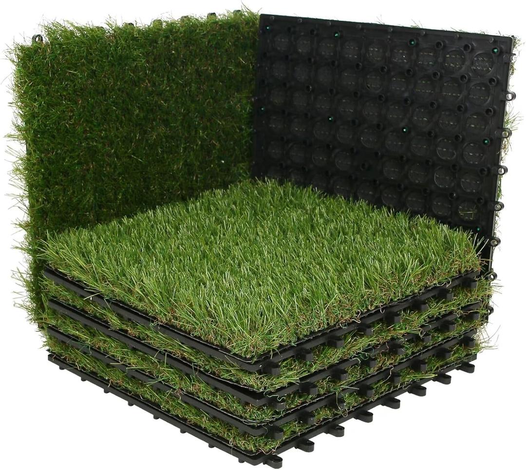 XLX TURF Artificial Grass Turf Tiles Interlocking Set 6 Pieces, Square Fake Grass Tiles Self-draining for Pet Indoor/Outdoor Flooring Decor, 12"x12", 8 Buckle Systerm