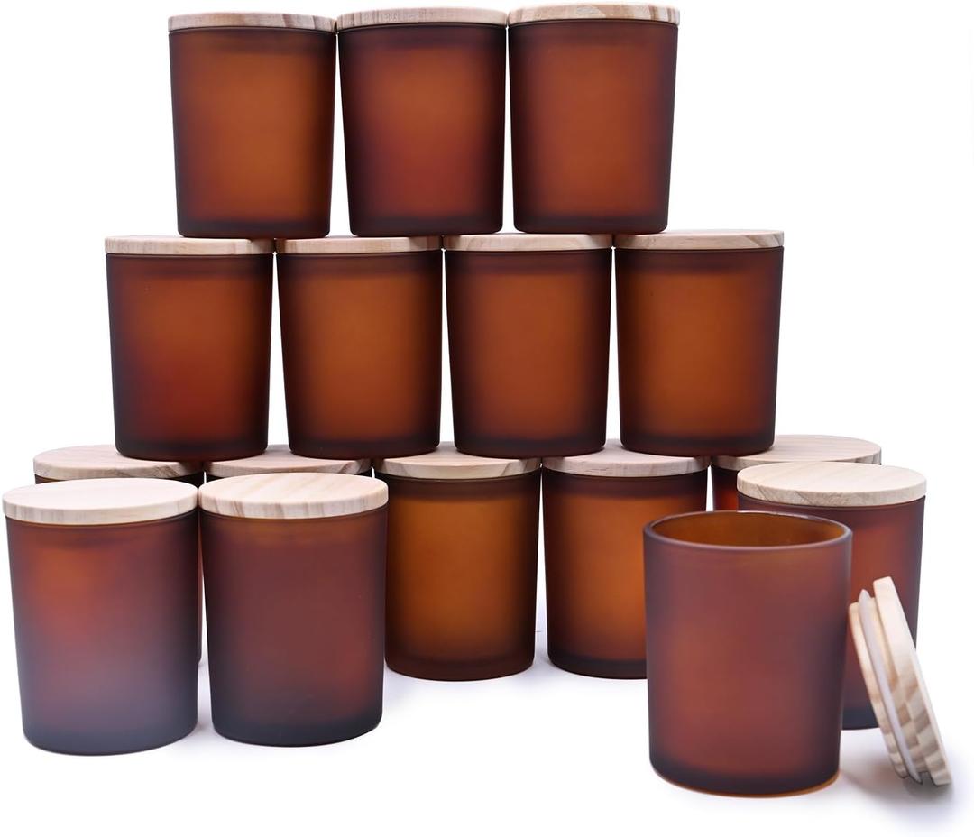 Thick Candle Jars for Making Candles 16 Pcs, 7 OZ Empty Jars with Wood Lids for Candle Making, Sample Container, Frosted Brown