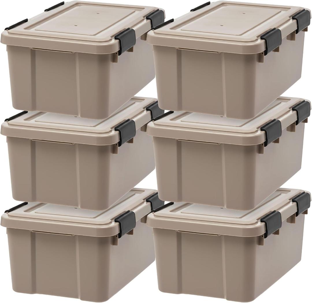 IRIS USA 6-Pack WeatherPro Gasket Box, 19 Quart Weather Resistant Storage Bins with Latching Lids, Heavy Duty Organizing Containers for Closet, Bathroom, and Office - Tan
