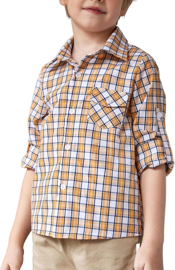 Arshiner Boy's Plaid Button Down Shirt Long Sleeve Roll Up Casual Shirts with Pocket 4-11 Years