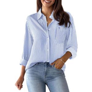 Womens Button Down Shirts Cotton Striped Dress Shirts Long Sleeve Button Up Collared Office Work Blouses Tops-Blue and White, Medium