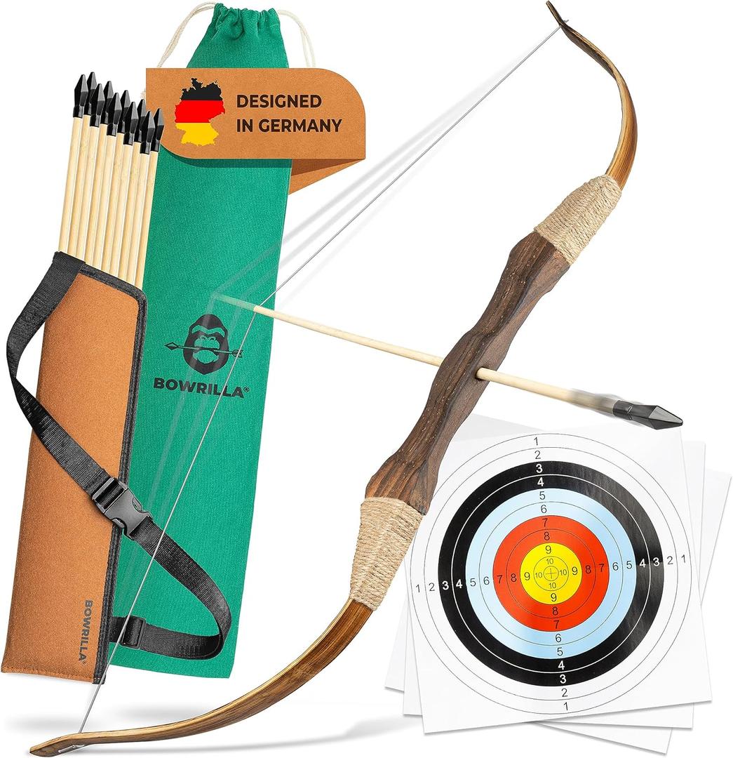 BOWRILLA Wooden Bow and Arrow for Kids with 10 Arrows, Quiver, 3 Targets & Storage Bag | Kids Bow and Arrow Set for Right- and Left-Handers | Indoor and Outdoor Toys for Children Boys & Girls