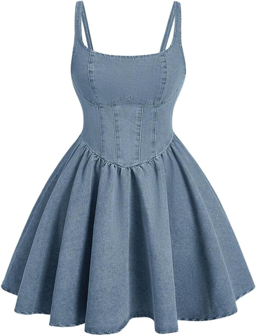 WDIRARA Women's Casual Square Neck Denim Dress Ruffle Hem A Line Mini Dress Large