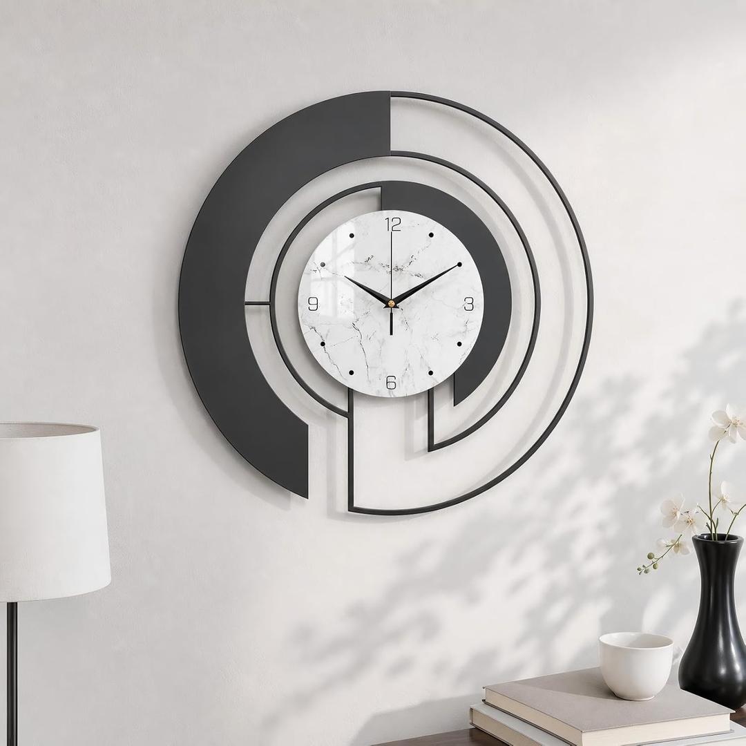 18-Inch Modern Black Metal Wall Clock, Marble Patterned Glass Dial, Large