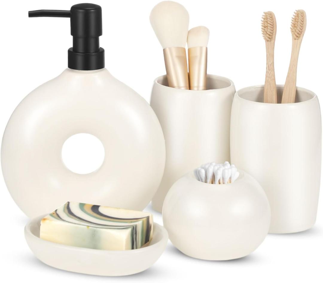 FoldTier 5 Pcs Ceramic Bathroom Accessories Set Includes Soap Dispenser Toothbrush Cup Holder Soapbox Holder Stylish Modern Bathroom Matte Glaze Decor(White)