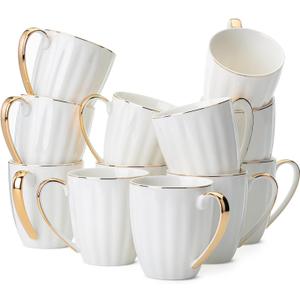 BTaT- White Coffee Mugs with Gold Rim, Set of 12, 12oz, Porcelain Coffee Mugs for Coffee Mug Set, Christmas Gifts
