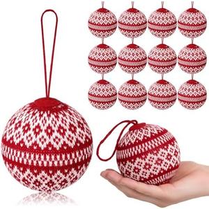 Weysat 12 Pcs 3.15" Red Knitted Sweater Christmas Balls Large Rustic Handmade Hanging Ball with Snowflake Pattern Christmas Tree Ornaments for Party Holiday Farmhouse Decorations Gifts