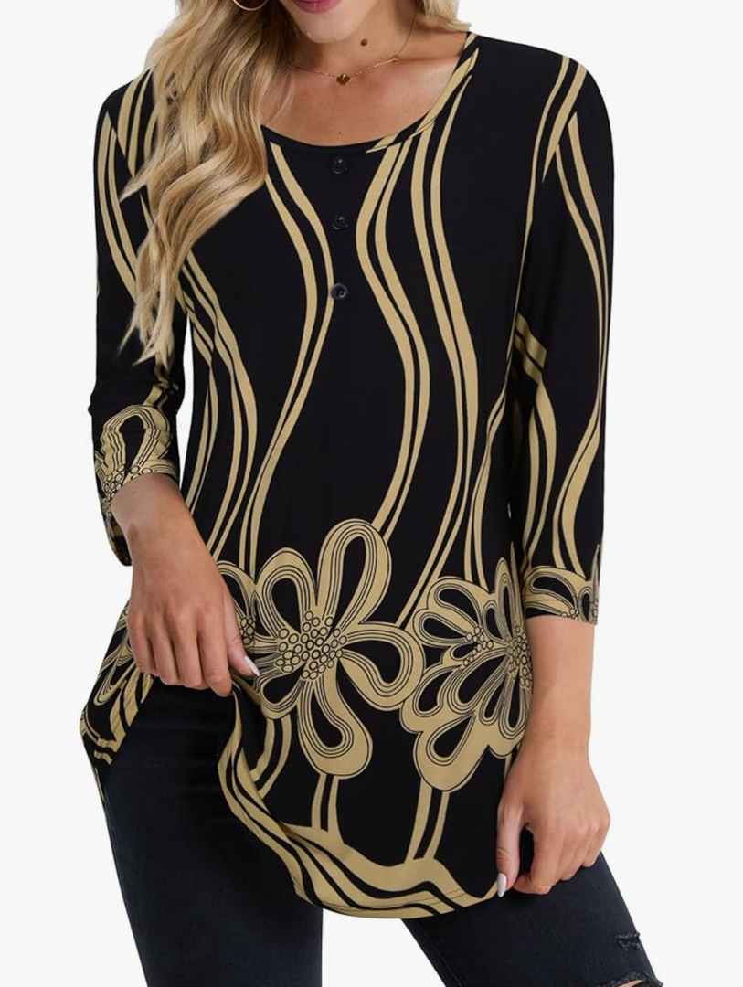 BAISHENGGT Womens Tops 3/4 Sleeve Round Neck Casual Tunic Tops Fall Fashion 2025 Dressy Casual Blouses size XL