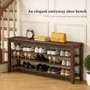 Shoe Bench with 3 Tier Adjustable Shelves Rubberwood Entryway 47.2''