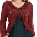 Women's Shrug Sheer Tie Front 3/4 Sleeve Bolero Shrugs Sparkly Lightweight Cropped Cardigan Cover Up for Evening Dress