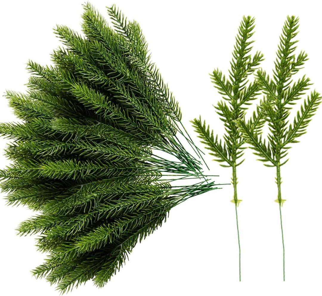 Alpurple 60 Packs Artificial Pine Needles Branches Garland- 6.7 x 2 Inch Green Plants Pine Needles, Fake Greenery Pines Picks for DIY Garland Wreath Christmas Embellishing & Home Garden