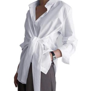KUFV Women's Long Sleeve Button Down Shirts Tie Waist Casual Loose Blouses Tops (X-Large, White)
