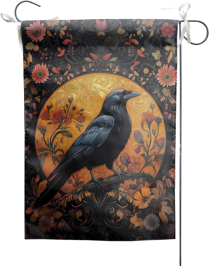 2 x Giwawa Crow Garden Flag 12x18in, Halloween Gothic Black Bird Colorful Flower Decorative Double Sided Yard Flags, Rustic Boho Floral Seasonal Holiday House Flag for Outside Outdoor Lawn Porch