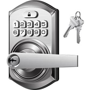 TEEHO TE004 Keyless Entry Keypad Door Lock with Handle - Front Digital Door Electronic Deadbolt with Anti-Peeping, Auto Lock & Passage Mode - Easy Installation - Satin Nickel