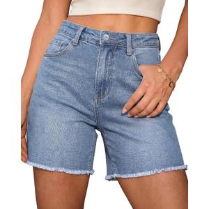 luvamia FleXclusive Jean Shorts for Women Trendy High Waisted Stretchy Denim Summer Raw Hem Mom Long Shorts Cutoff Jorts (Small, Cody Blue)